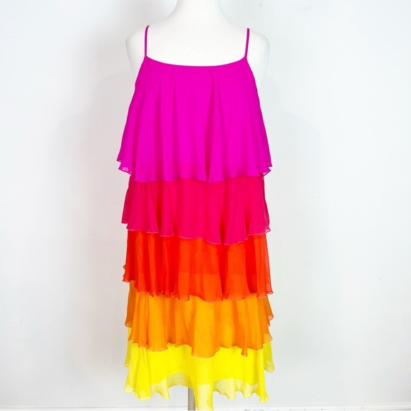 TRINA TURK SUNSHINE SILK TANK DRESS PINK YELLOW ORANGE RUFFLES TIERED MEDIUM - Picture 2 of 6